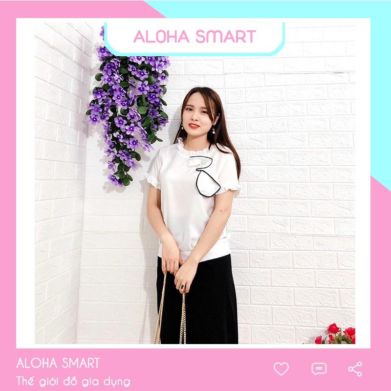 Áo sơ mi cổ tròn thêu nơ trước ngực chất tơ hàn siêu mát