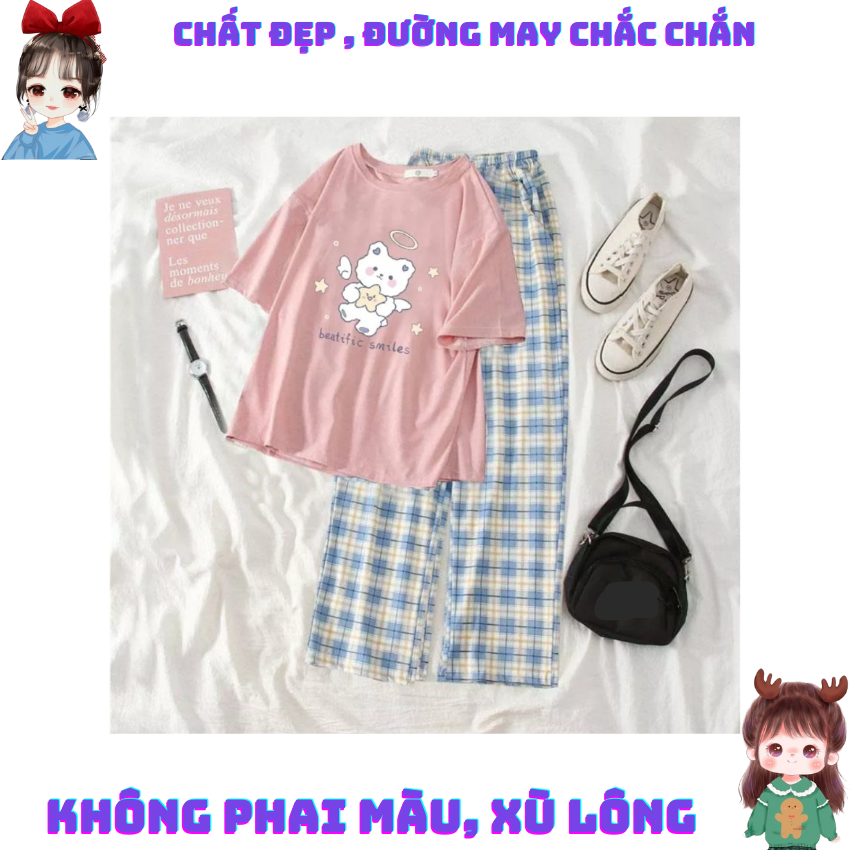 Sét Bộ Nữ SS24, Sét Đồ Nữ Đi Chơi Đẹp In Gấu Ôm Sao, Sét Áo Vải Cotton Và Quần Kẻ Đen Cá Tính