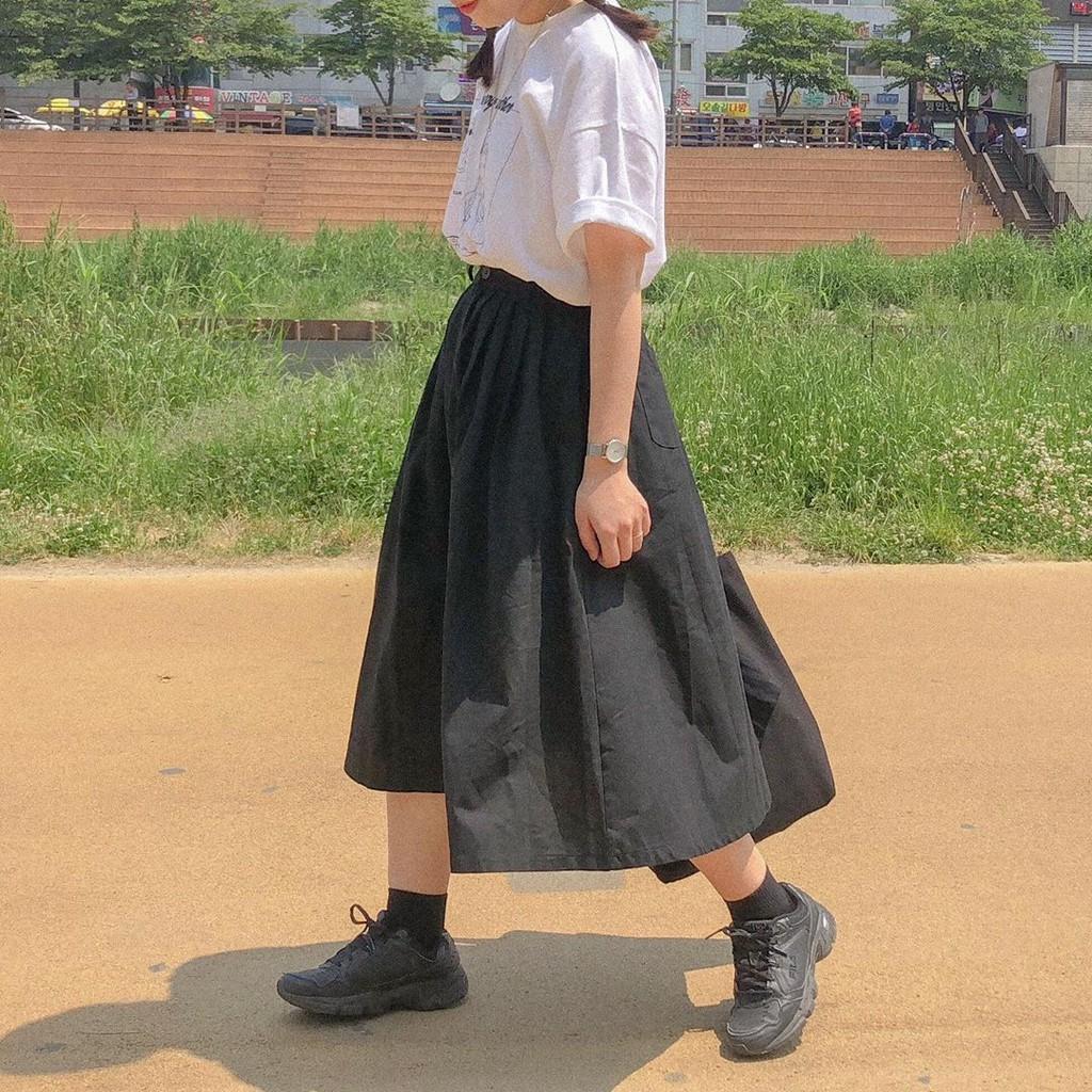 SKIRT - Váy dài vải Kaki lưng thun kèm khoá kéo