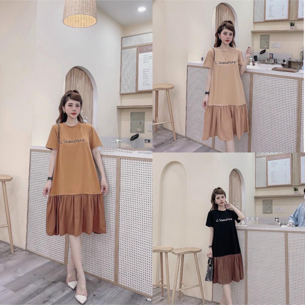 Váy suông thun cotton chân xếp kiểu phối màu, đầm xuông rộng freesize in chữ màu đen, nâu, be mã V238 - michi's House