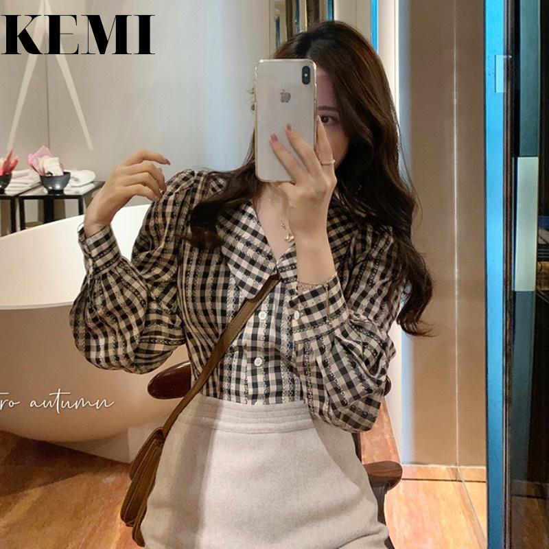 Áo sơ mi caro cổ búp bê, áo tay dài dành cho nữ kiểu croptop mix đồ cực dễ thương - Kemi