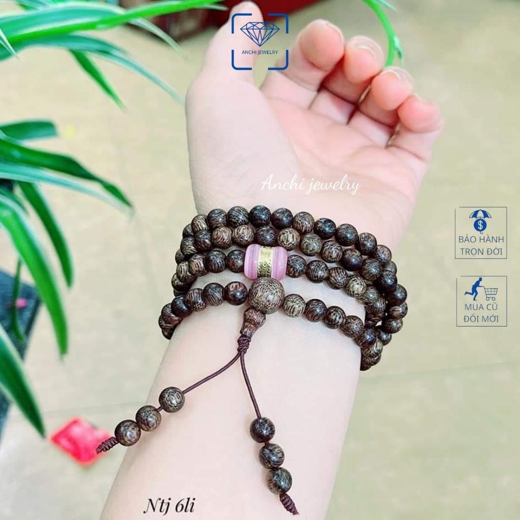 Vòng tay trầm hương nữ 108 hạt 6li mix lu thống dát vàng phong thủy, Anchi jewelry