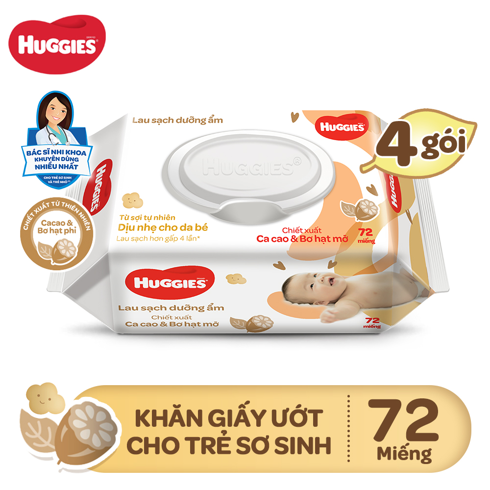 Combo 4 gói Khăn giấy ướt cho trẻ sơ sinh HUGGIES - Chiết xuất Cao cao & Bơ hạt mỡ