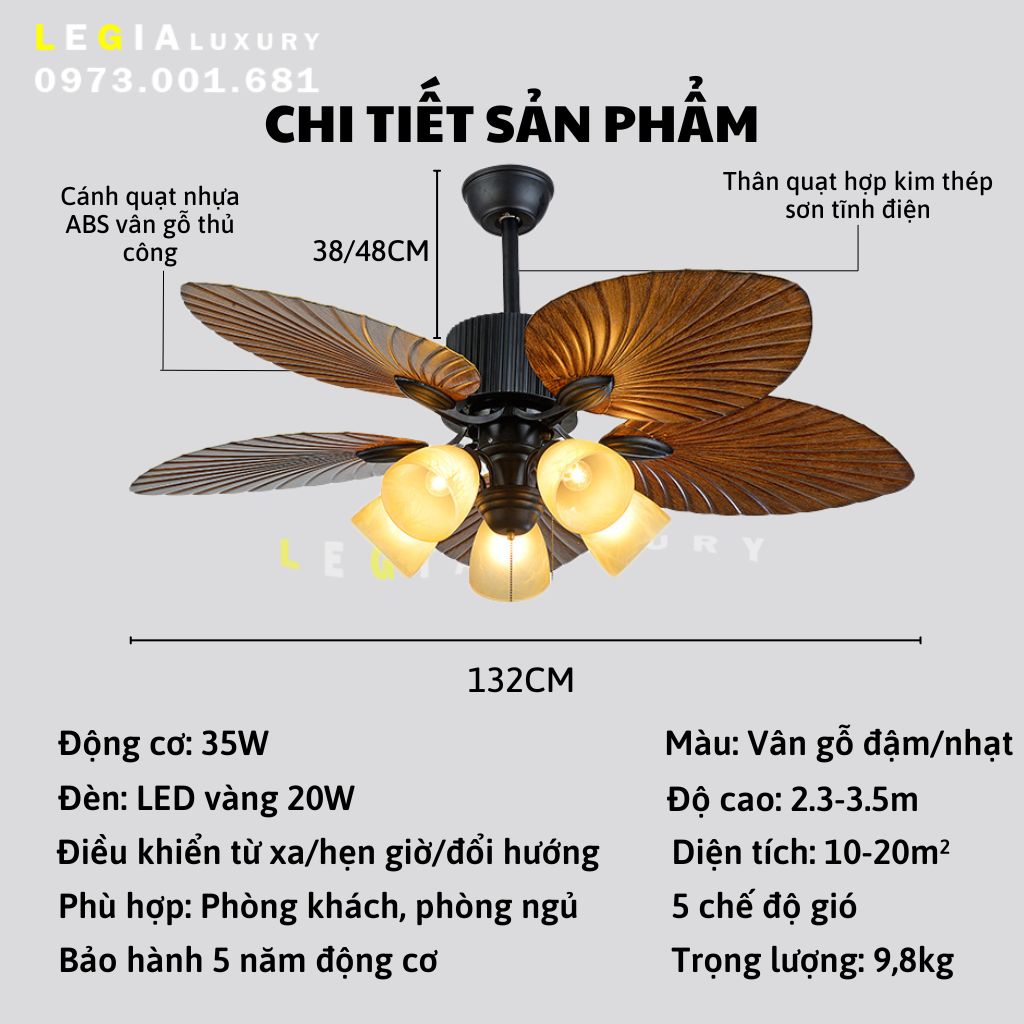 Quạt trần INDOCHINE|phong cách Phương Đông|quạt trần Lê Gia LGFAN692 -phù hợp nhà hàng khách sạn | Quạt trần lá cọ trang trí {Hàng Chính Hãng}