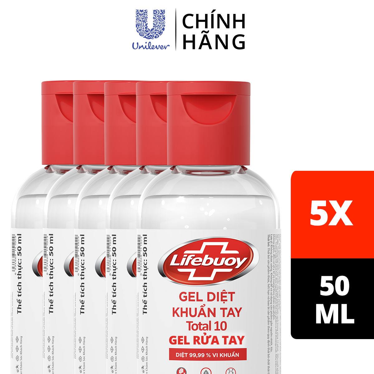 Combo 5 Gel Rửa Tay Khô Sạch Siêu Nhanh Lifebuoy Bảo Vệ Vượt Trội 10 (Chai Nắp 50ml)