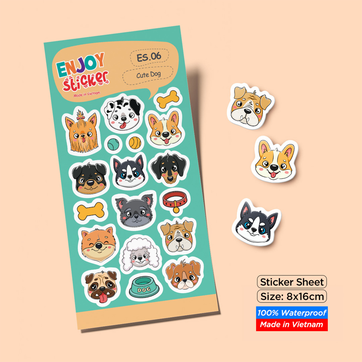 ES06 Cute Dog Enjoy sticker sheet hình dán chống thấm nước Made in Vietnam Sticker Factory