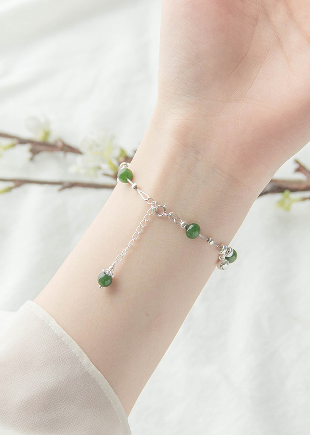 Vòng tay đá ngọc bích phối charm bạc trắng mệnh hỏa, mộc - Ngọc Quý Gemstones