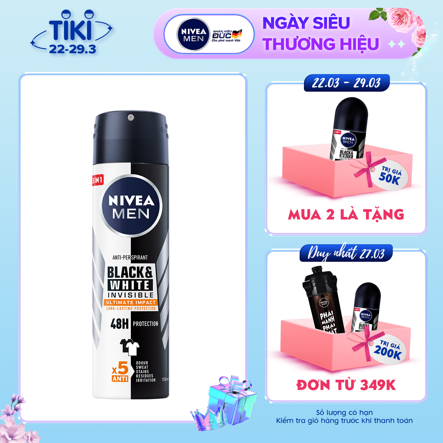 Xịt Ngăn Mùi NIVEA MEN Black &amp; White Ngăn Vệt Ố Vàng Vượt Trội 5in1 (150ml) - 85388