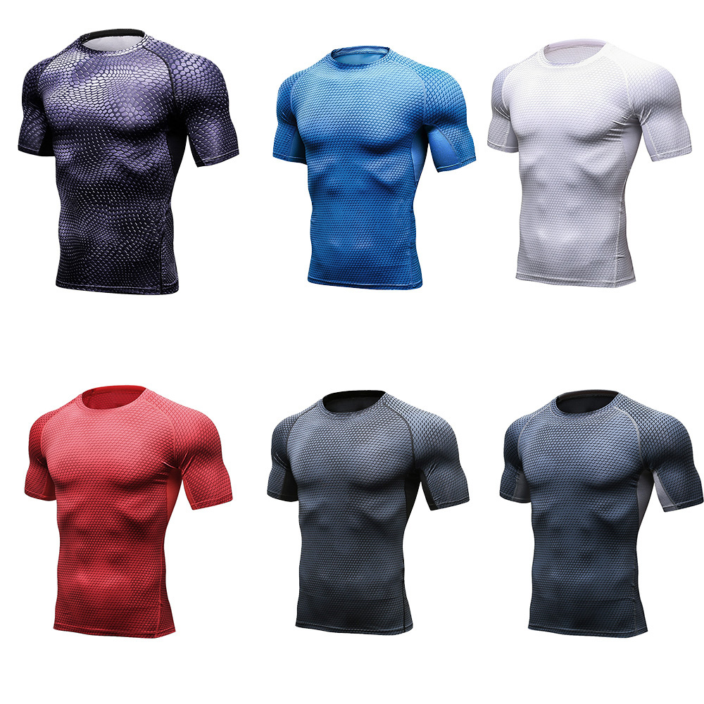 Áo thun thể thao nam in 3D cổ tròn ngắn tay bó sát cơ thể co giản thỏa mái