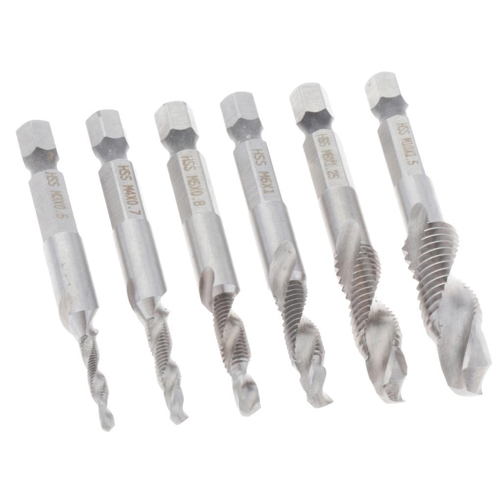 Set of 6 HSS Steel Combination Drill and Tap Bit Set with 1/4 inch Hex Shank - Metric M3 M4 M5 M6 M7 M8 M10