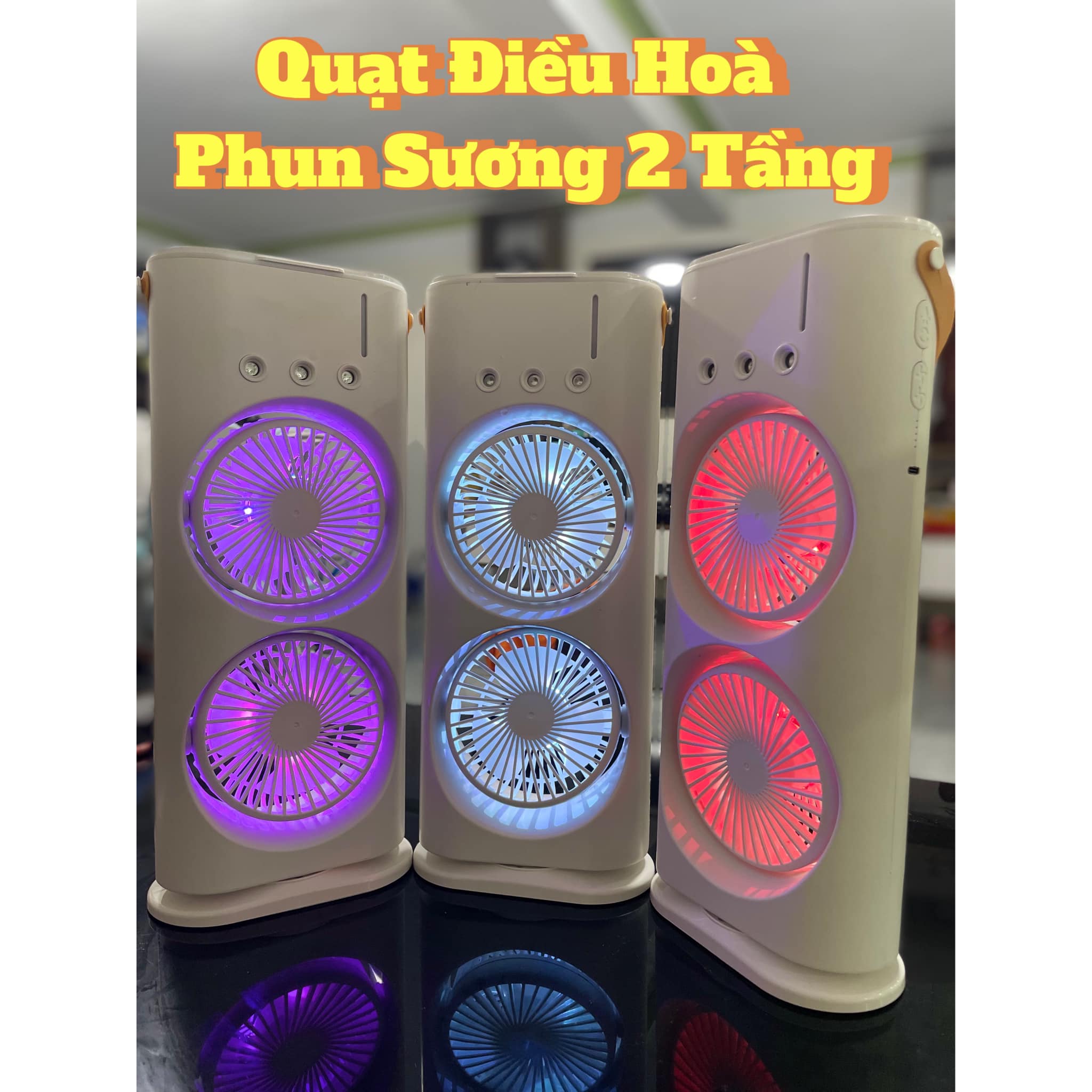 Quạt Phun Sương, Quạt Hơi Nước , Quạt Tích Điện 2 Tầng, Có Đèn Led, Quạt Để Bàn Mini Làm Mát Và Tạo Ẩm Không Khí - Hàng Nhập Khẩu