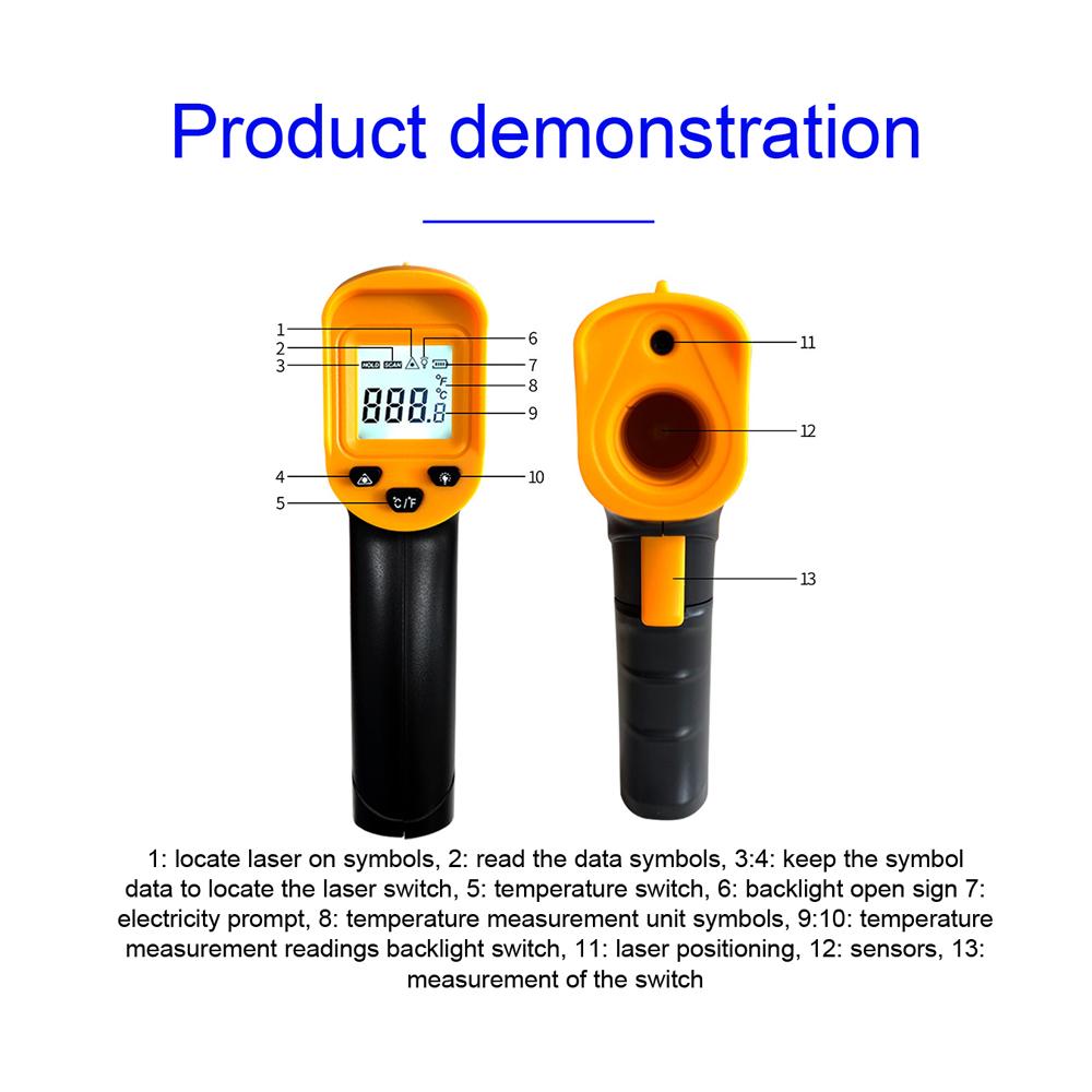 "-50℃~500℃ Handheld Infrared Temperature Meter LCD Display with Backlight Non-contact Temperature Meter ℃/℉ Units Switching Home Household Cooking Oven Temperature Meter