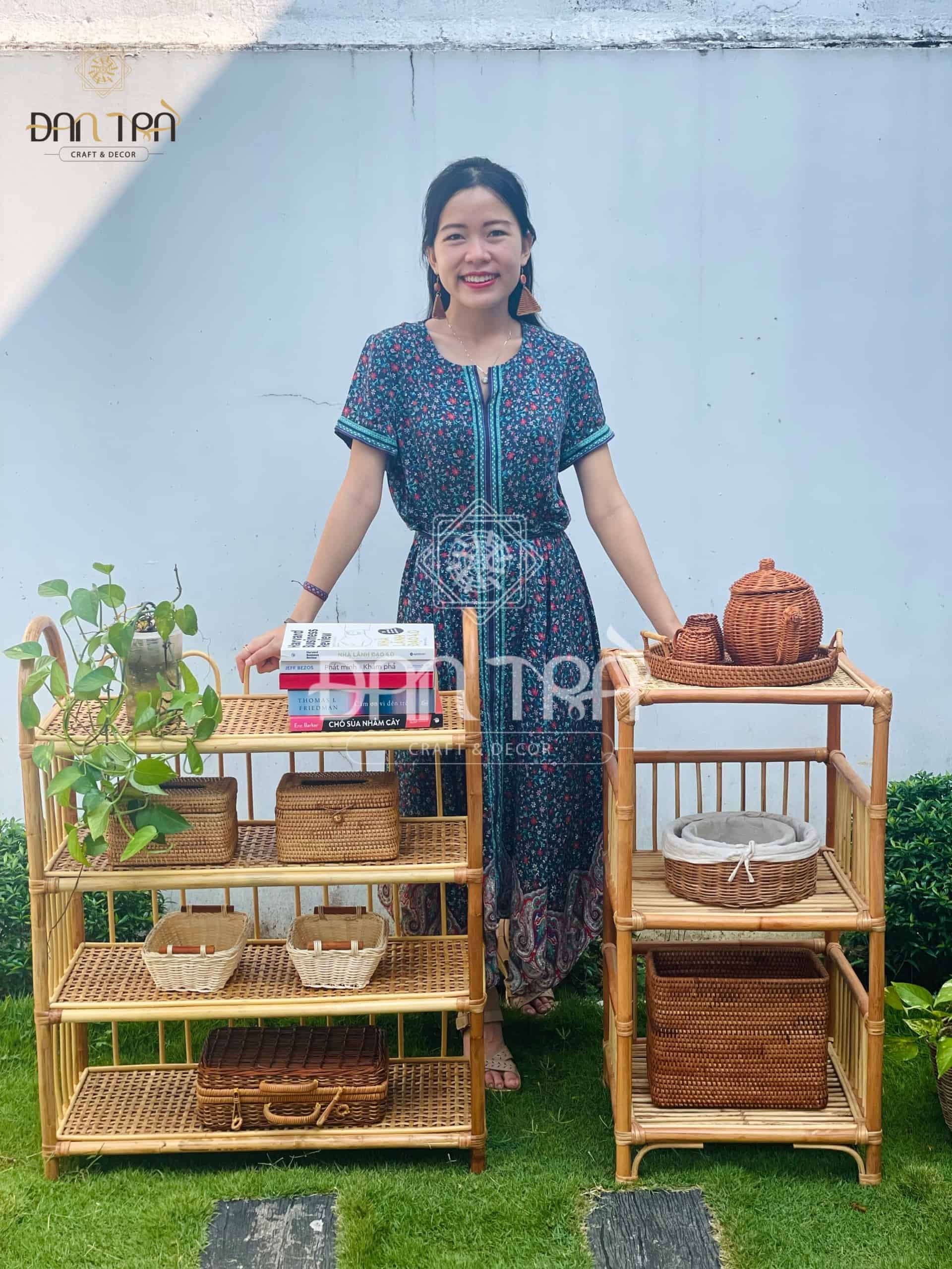 Kệ Tủ Mây Tre Đan Trà- Kệ Mây 4 Tầng- Kệ Mây Đựng Sách- Nội Thất Mây Tre Đan Trà