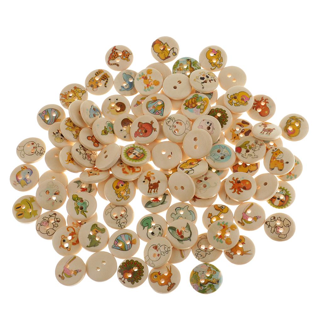 100pcs 15mm Animal Printed 2-Hole Flat Buttons Wood Button for Sewing Craft