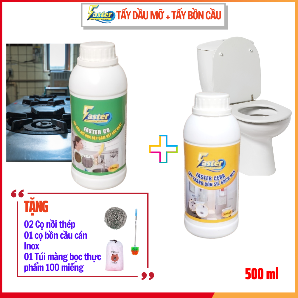 Combo Nước Tẩy Dầu Mỡ Bếp Gas, Vỉ Hút Mùi, Xoong, Nồi &amp; Tẩy Trắng Bồn Sứ, Gạch Nhà Vệ Sinh Faster 500ml