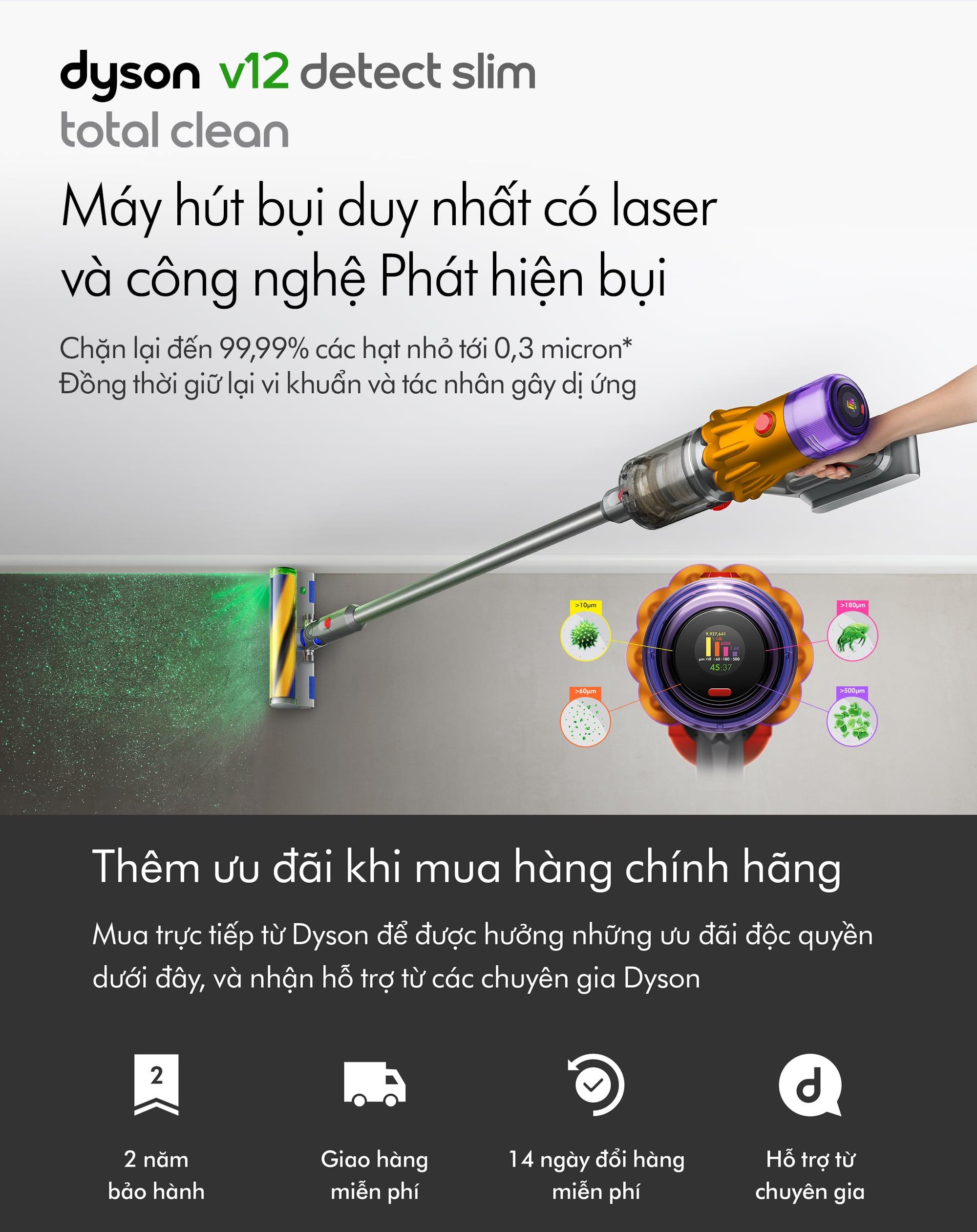 Máy Hút Bụi Cầm Tay Không Dây Dyson V12 Detect Slim, Total Clean Cordless Vacuum Cleaner, Bộ Lọc Hepa, Nhập Khẩu
