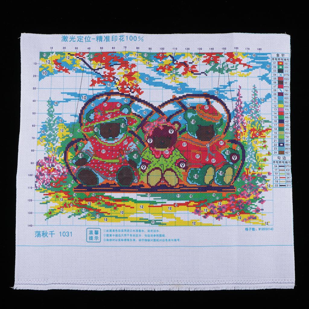 Bears on Swing Cross Stitch Stamped Kit Pre-Printed Pattern, 11CT Aida Fabric