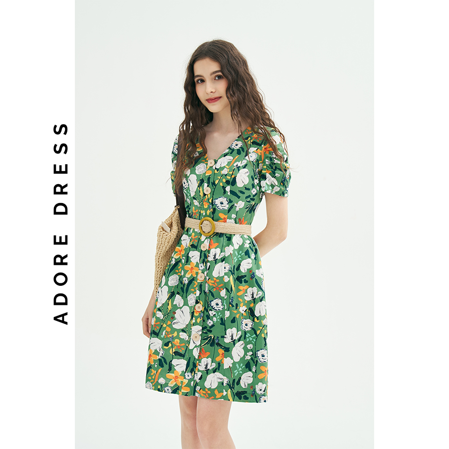 Đầm Mini dresses casual style thô lụa hoa to green 311DR1030  ADORE DRESS