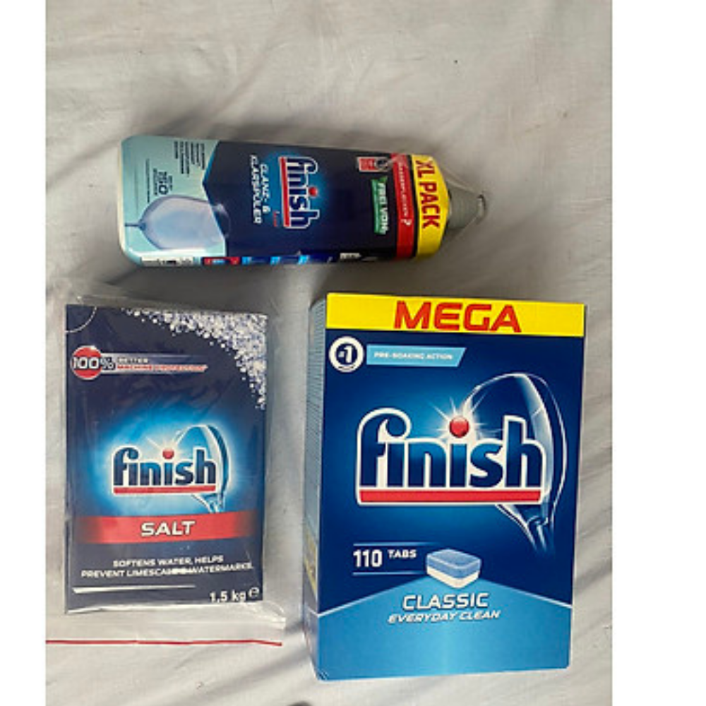 Combo muối rửa bát Finish 1,5kg+viên rửa bát Finish 120 viên+Nước làm bóng bát chén finish 800ml