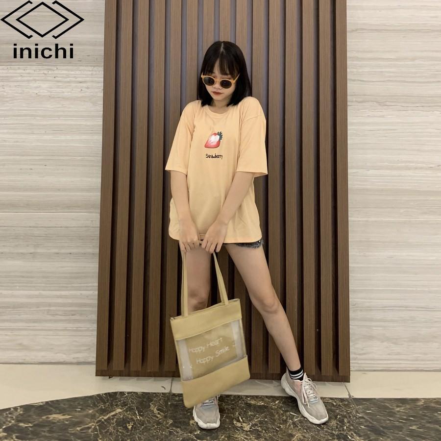 Áo thun unisex INICHI tay lỡ form rộng cá tính in hình quả dâu - IC610 màu vàng