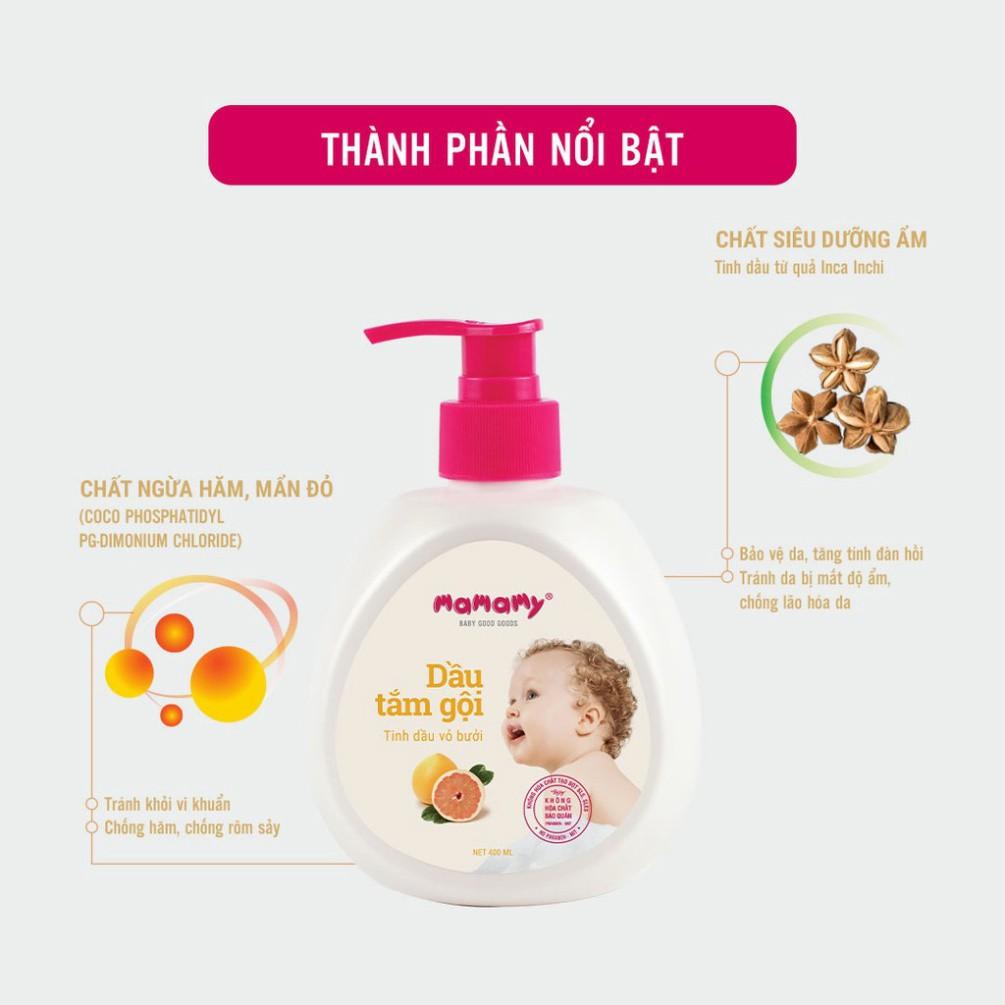 Combo 2 chai dầu tắm gội mamamy 400ml an toàn cho bé tặng kèm 1 gói khăn ướt em bé Beeno 80 tờ không mùi flashsale 1 đ