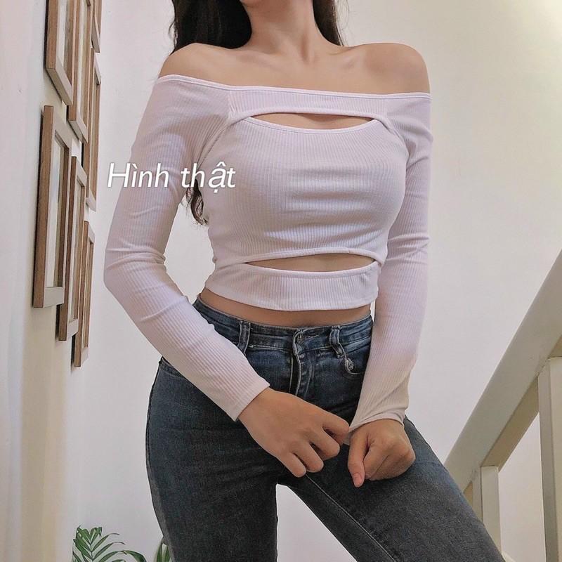 Áo croptop tay dài cut out hở ngực bẹt vai siêu xinh—- B0T