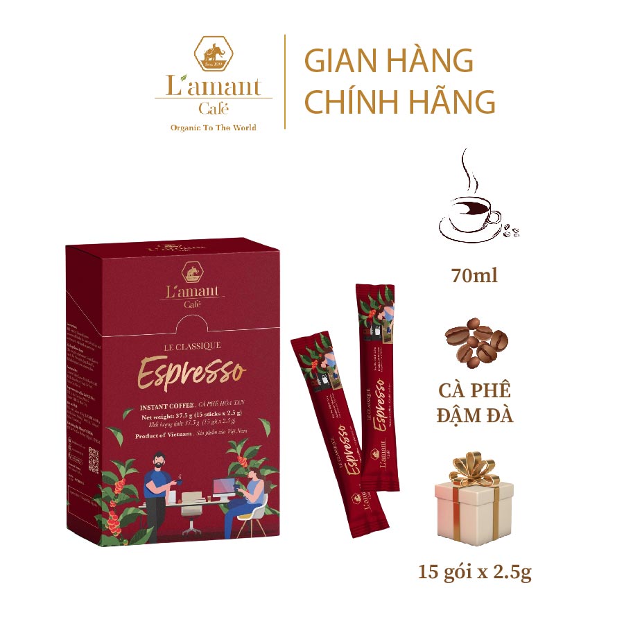 Cà phê hòa tan đen L'amant Espresso nguyên chất thơm ngon(Hộp 15 gói x 2.5gr)