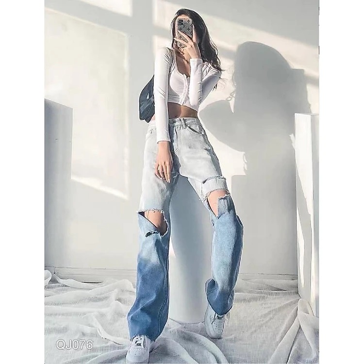 Quần Jean Nữ Ống Rộng Lưng Cao Trơn Loang 2 Màu Rách Gối Kiểu ULZZANG