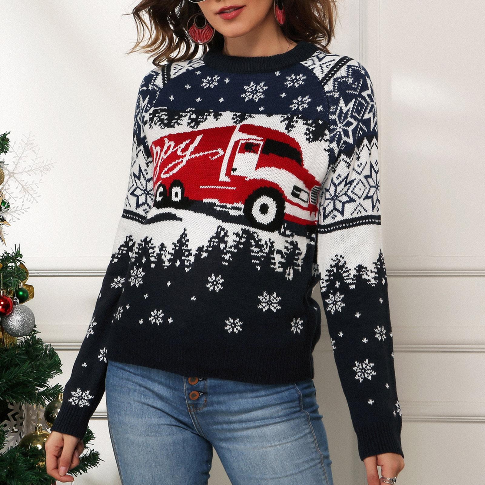 Women Christmas Sweater Cute Snowflake Pattern Xmas Knit Pullover O-Neck Long Sleeve Jumper Casual Holiday