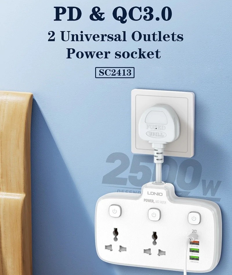Ổ cắm điện đa năng 6 in 1 hỗ trợ sạc nhanh PD 20w ra 2 ổ cắm điện, 1 PD Type C 20W và 3 USB A QC 3.0 18W hiệu LDNIO SC2413 - hàng nhập khẩu