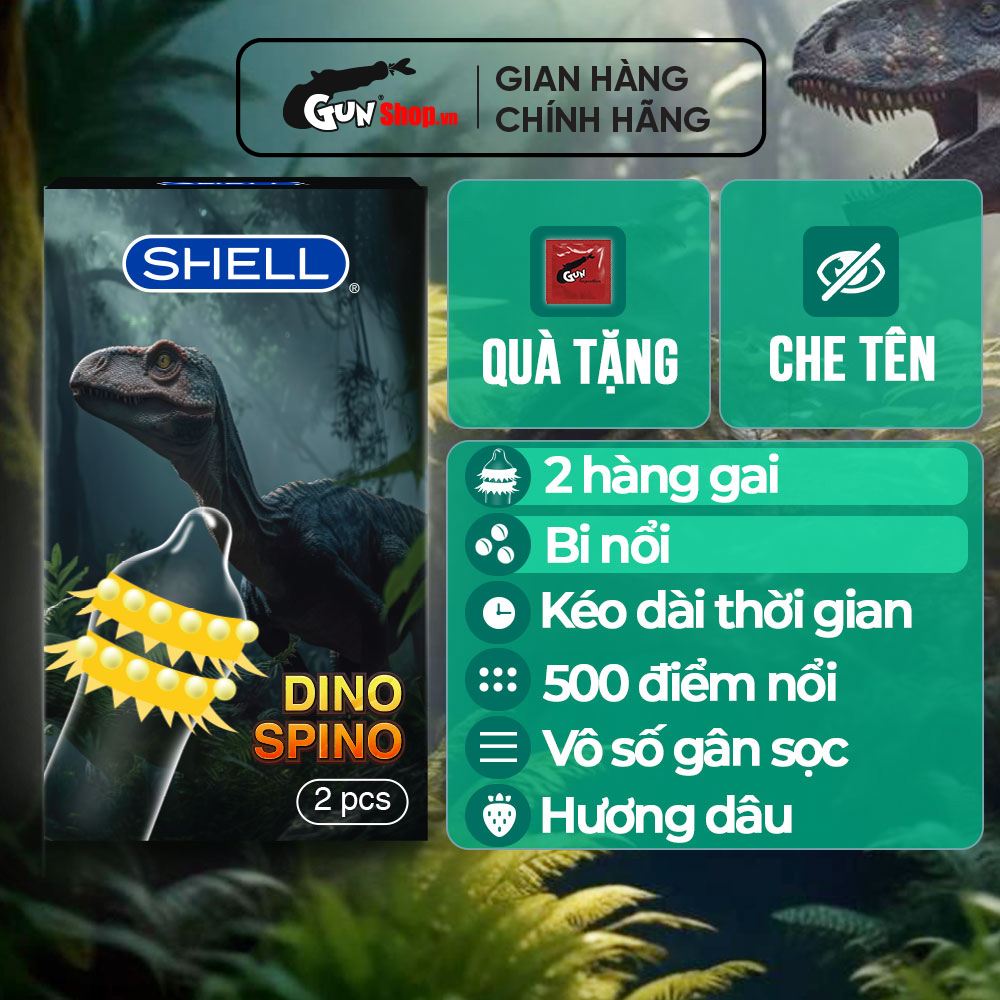 Bao cao su Shell Dino Spino - Hộp 2 cái - 1 bao 2 vòng gai, bi nổi lớn + 1 bao Shell Performax