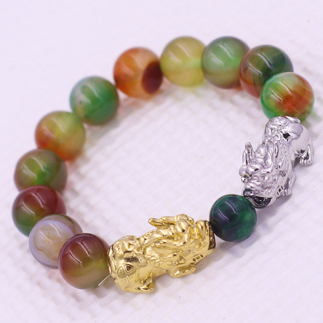 Vòng chuỗi đeo tay mã não tứ quý 12 ly charm tỳ hưu đôi inox trắng và vàng, vòng chuỗi phong thủy, charm tỳ hưu, vòng tay hạt chuỗi