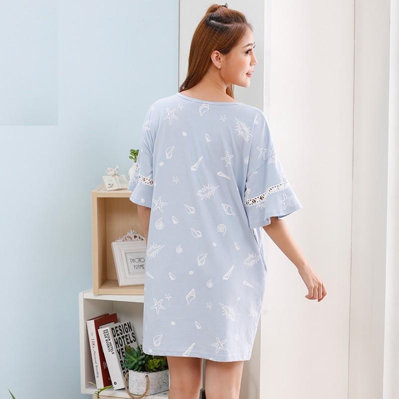Váy mặc nhà cotton in chữ tay viền bèo