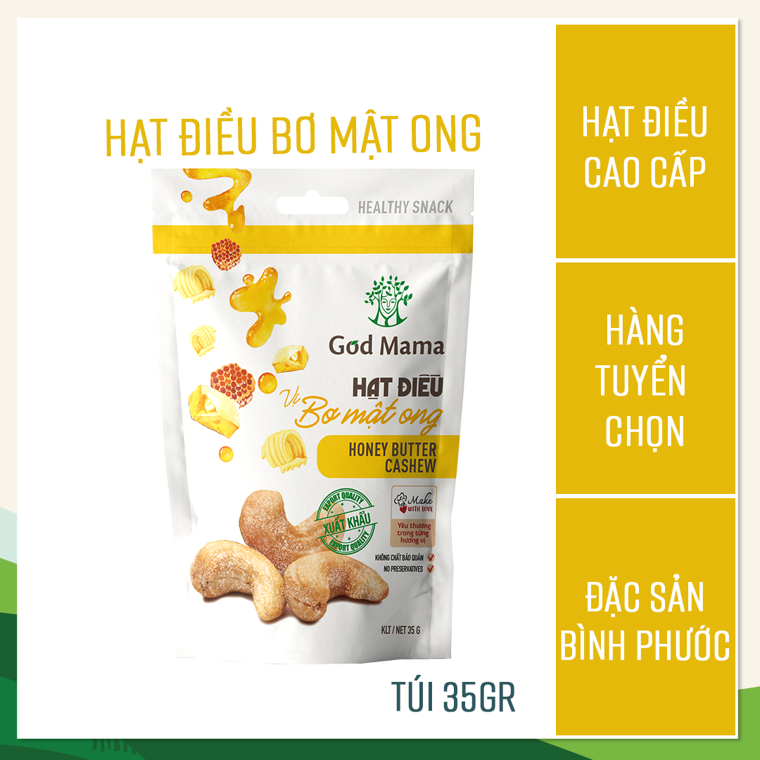 Hạt điều tẩm vị Bơ Mật Ong God Mama - 35g. Nguồn nguyên liệu từ Bình Phước - vườn điều ngon nhất Việt Nam. Ăn vặt tốt cho sức khỏe