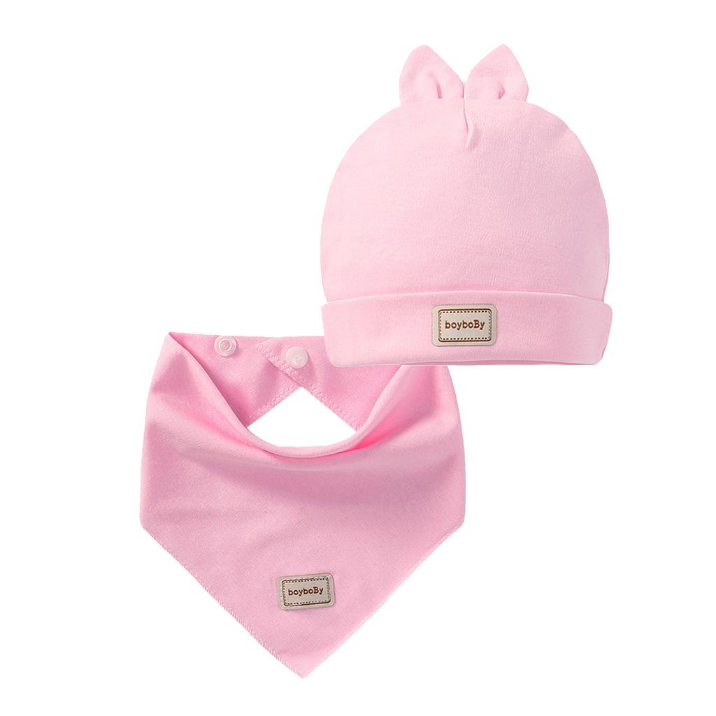 Cotton Beanie Hat Triangle Drool Bib Set for Baby Boy Girls Pink