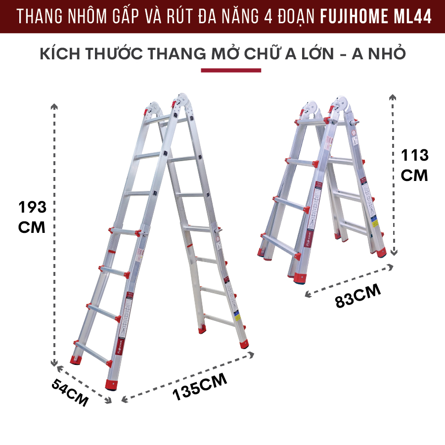 Thang nhôm FUJIHOME ML44 gấp và rút đa năng 4 đoạn, Cao tối đa 4m, Xếp nhiều hình dáng