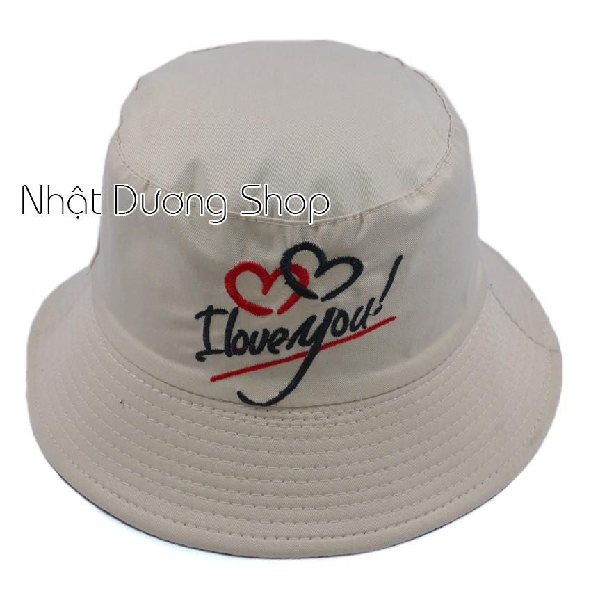 Nón bucket 2 mặt thêu hình trái tim I LOVE YOU, chất liệu vải Kaki bền chắc và hợp thời trang