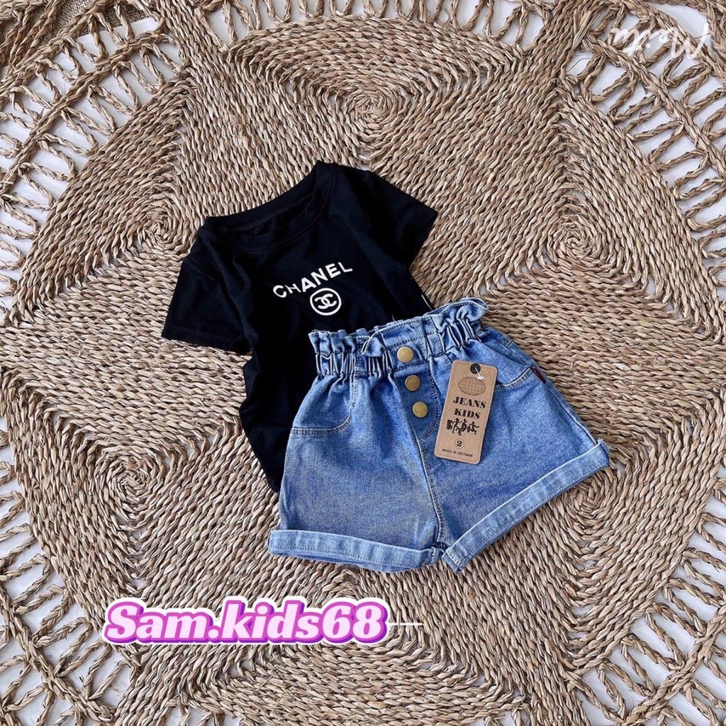 Bộ chà neo quần jean cạp cao siêu điệu cho bé gái, size 10-22kg