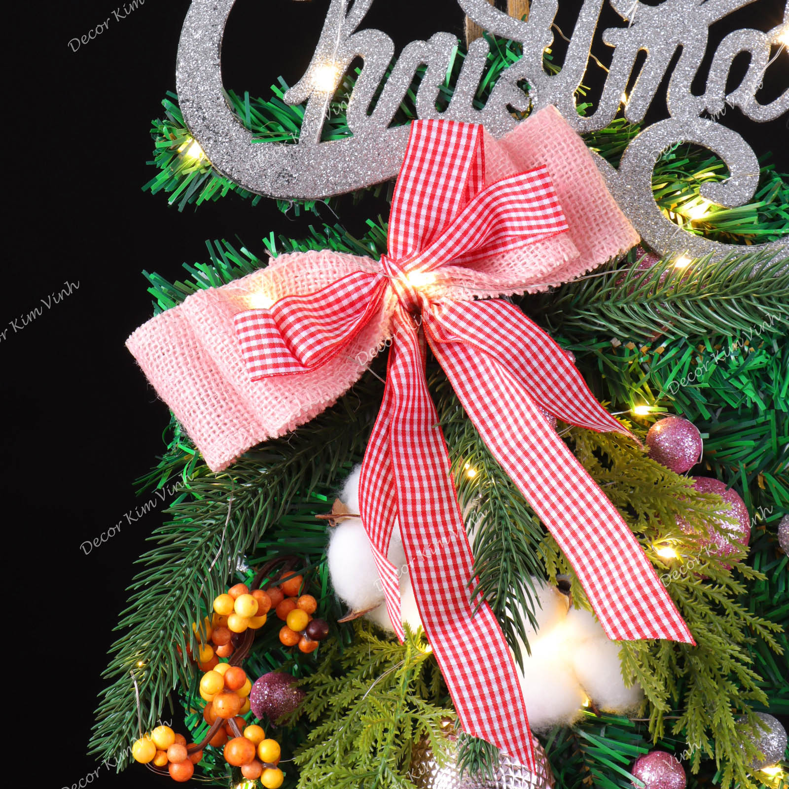 Dây Treo Chùm Thông CT07 Chùm Thông Merry Nơ Caro Hồng Trang Trí Noel Kèm đèn