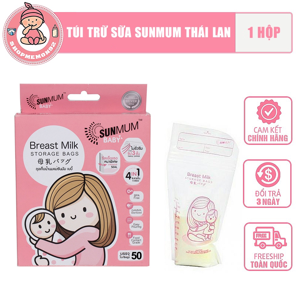 Hộp 50 túi trữ sữa Sunmum chính hãng Thái Lan (250ml) có 3 khóa kéo