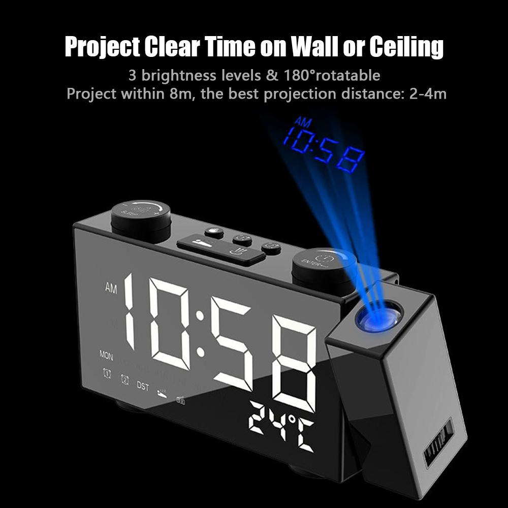 Đồng hồ báo thức có đài FM -màn hình LED 6inch- có máy chiếu xoay 180 độ báo động kép- chữ số trắng