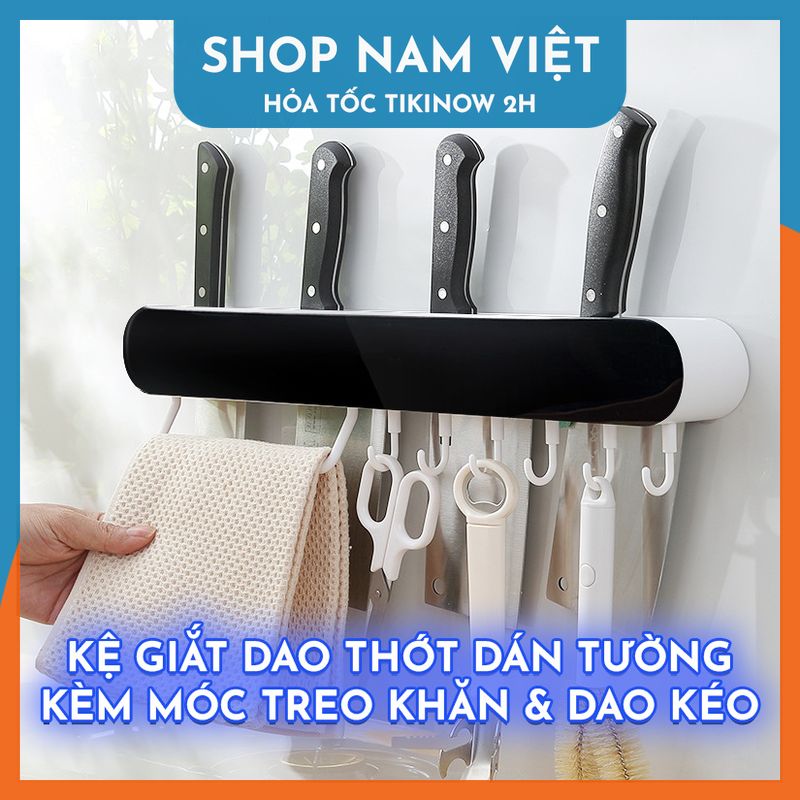 Giá Để Dao Dán Tường Kèm Móc Treo Khăn, Hộc Để Muỗng Đũa