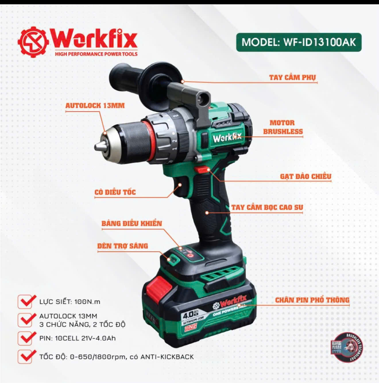 Máy Khoan 3 Chức Năng 100N.m Workfix - ID13100AK - Đầu Kẹp 13mm Auto Lock - Chống Lật Cổ Tay - Brushless Motor - Chân Pin Phổ Thông - 2 Pin 21V/4Ah PLUS - Có Tay Cầm Trợ Lực