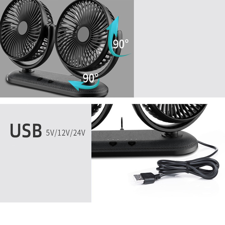 Quạt máy đôi mini xoay 360 độ DC201 sử dụng trên ô tô và bàn làm việc, công suất 12W trọng lượng nhẹ và ít tiếng ồn