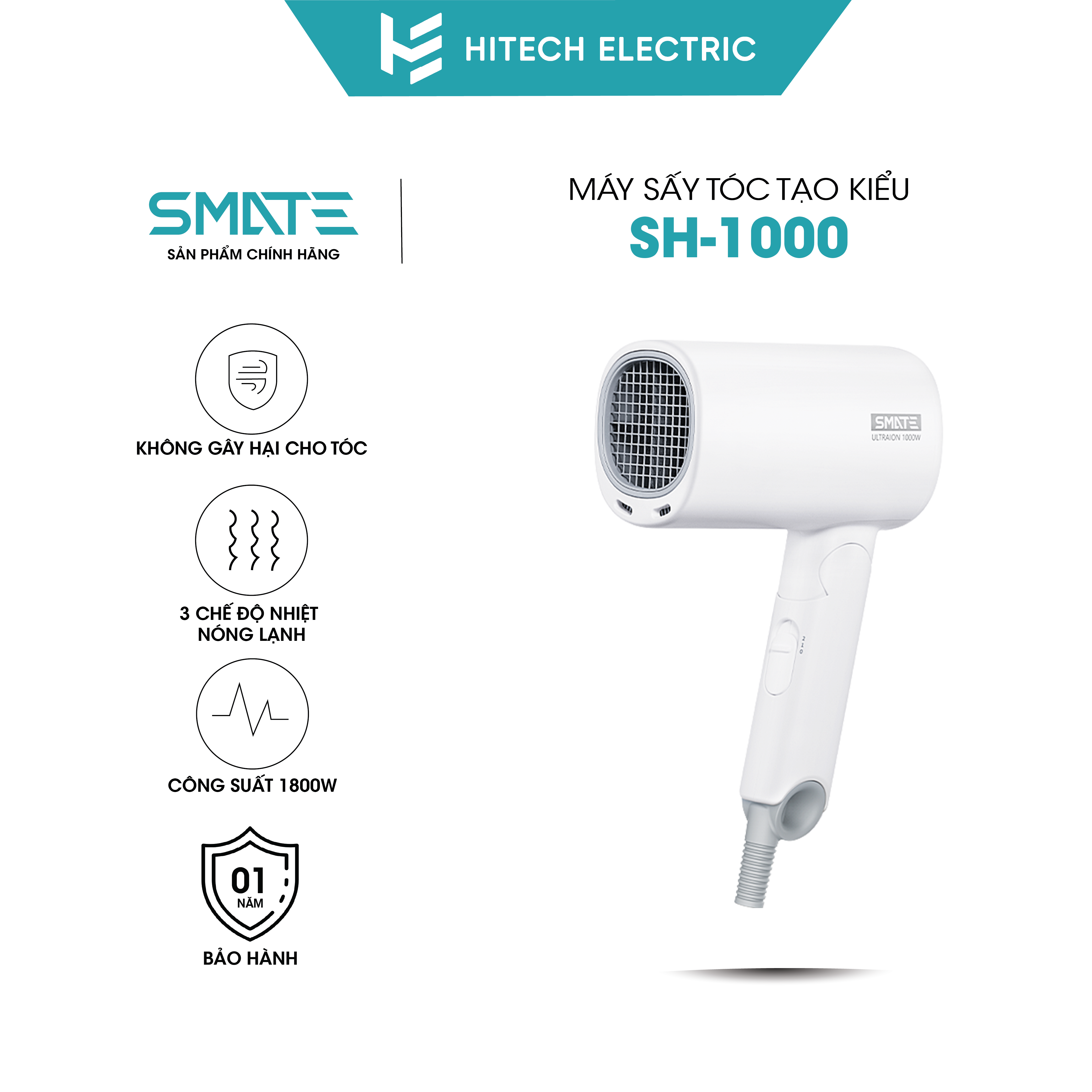 Máy Sấy Tóc Tạo Kiểu Smate SH-1000 - 3 Chế Độ Nhiệt Sấy Nóng Lạnh Mau Khô & Bảo Vệ Tóc Công Nghệ Ion Âm