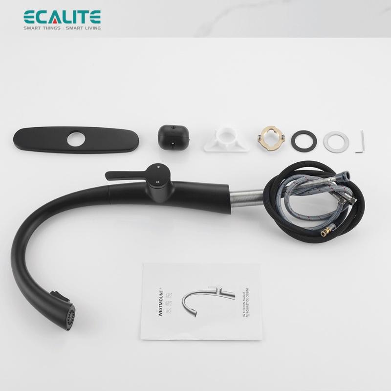 Vòi Rửa Chén Nóng Lạnh S-curve Ecalite EF-K114B - Có Dây Rút - Điều Chỉnh Tia Nước - Đồng Thau Sơn Đen - Hàng Chính Hãng