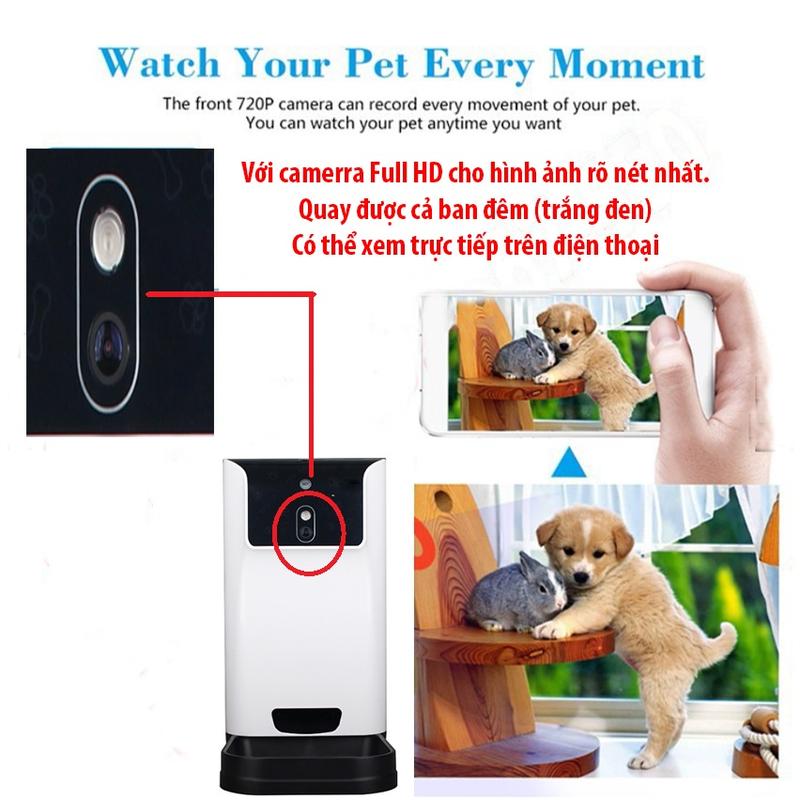 Máy tự động cho Chó Mèo ăn, qua Điện Thoại 4G Wifi, có Camera, Pet Feeder . Hộp tự động rơi thức ăn