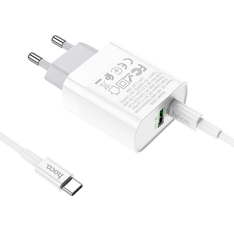 Bộ sạc PD 20W hoco. C80A – Hàng Chính Hãng 2 cổng ( USB + Type-C )  sạc nhanh 3A, Quick Charger 3.0 cho iPhone/iPad ( kèm dây 1m )