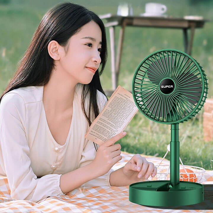 Quạt tích điện mini để bàn gấp gọn Super Fan có thể điều chỉnh độ cao, 3 tốc độ gió, sạc micro USB có giá đỡ điện thoại