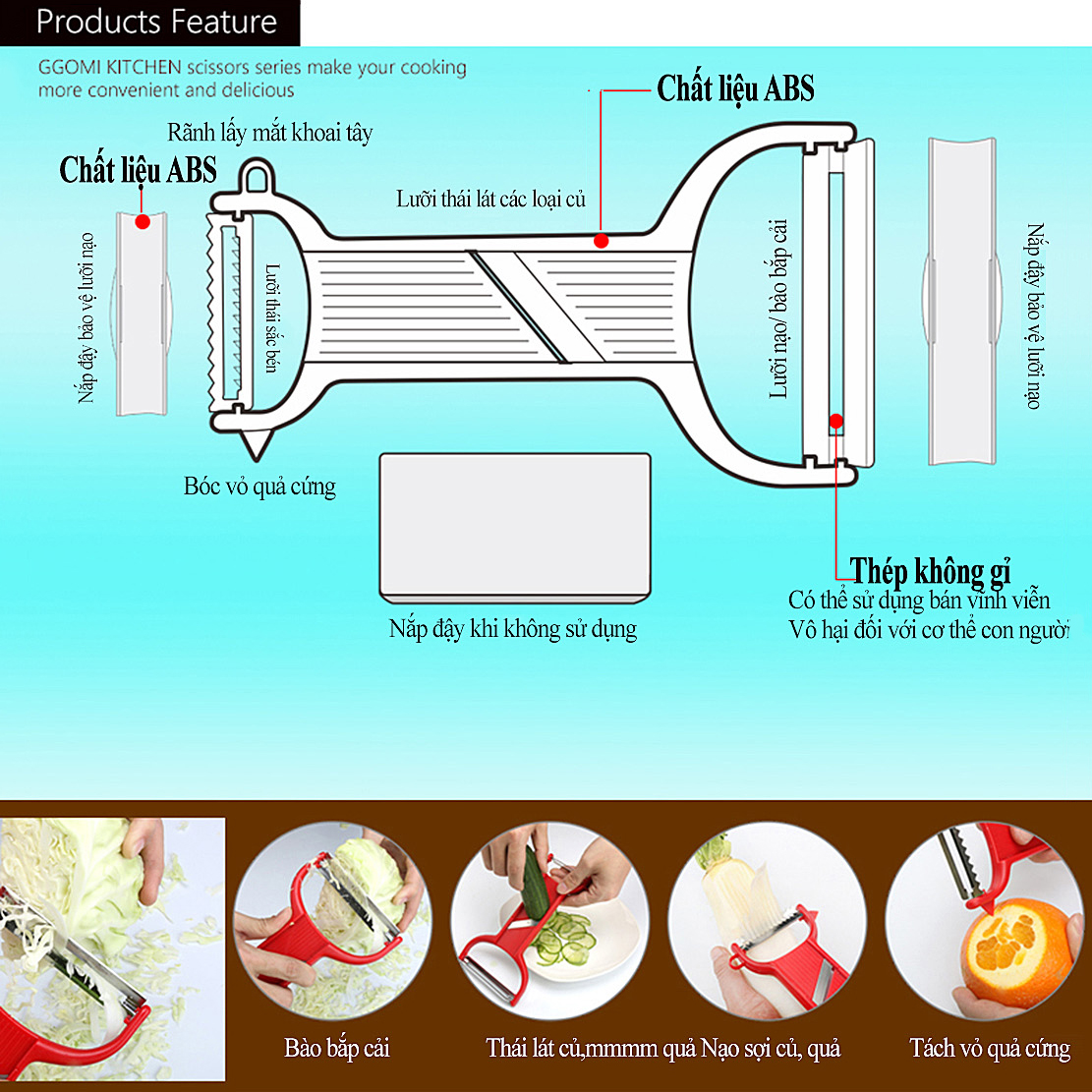 [HÀNG CHÍNH HÃNG]Bào, nạo đa năng dài 22cm, rộng 12cm,tay cầm bằng ABS, lưỡi bào bằng thép không gỉ GGOMi Hàn Quốc GG798